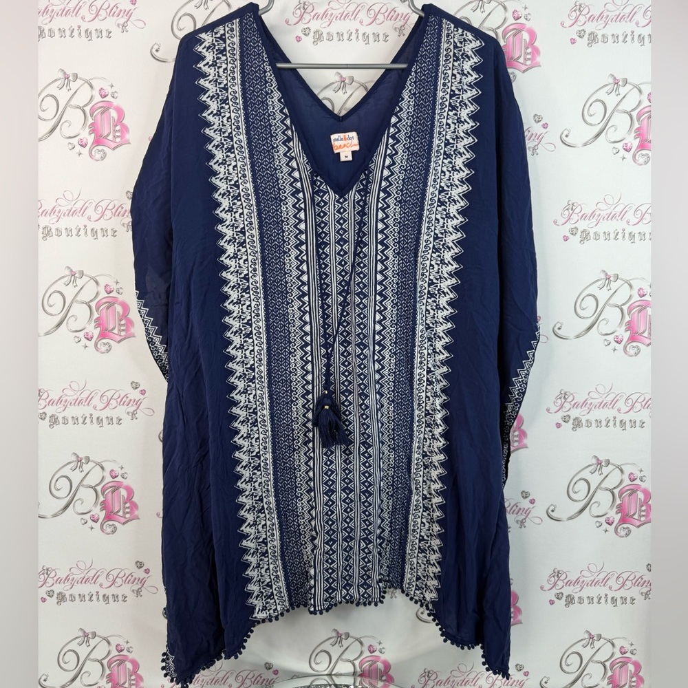 Stella & Dot beach coverup dress poncho tassel boho Blue and White Beachwear